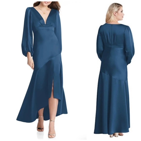 LOVELY Teagan Long Sleeve Blue Charmeuse High/Low Bridesmaid Dress Size 4 NEW - Picture 1 of 11